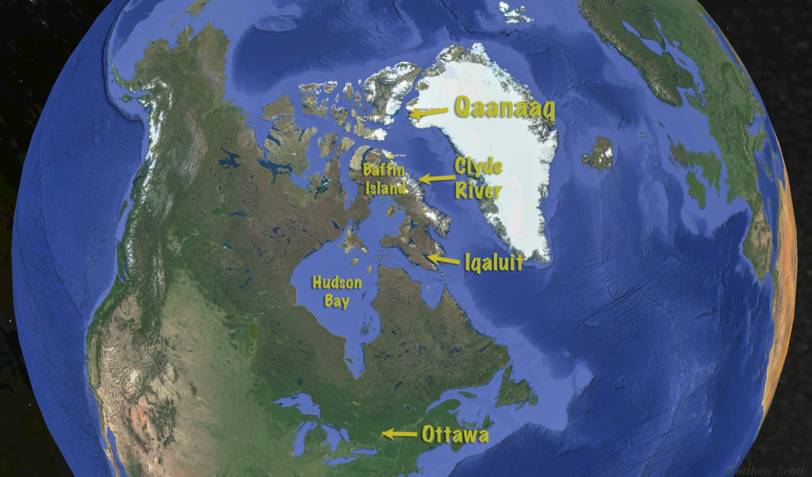 Google Earth view of route of travel:  Ottawa to Iqaluit to Clyde River to Qaanaaq (77 deg N)
